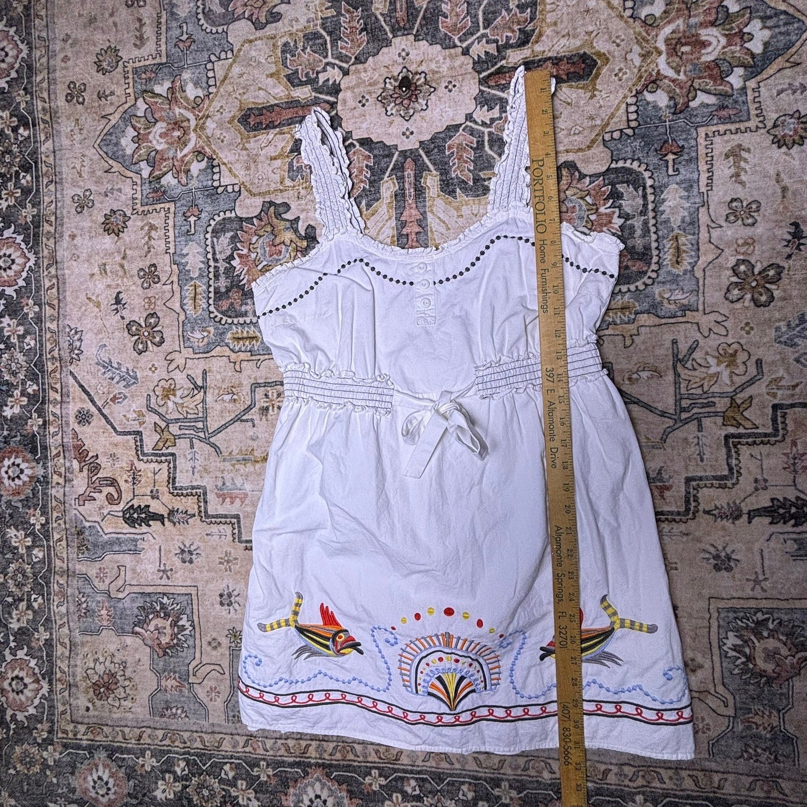 Anthropologie Aryeh White Cotton Embroidered Fish Sundress Top Smocked Waist M/L