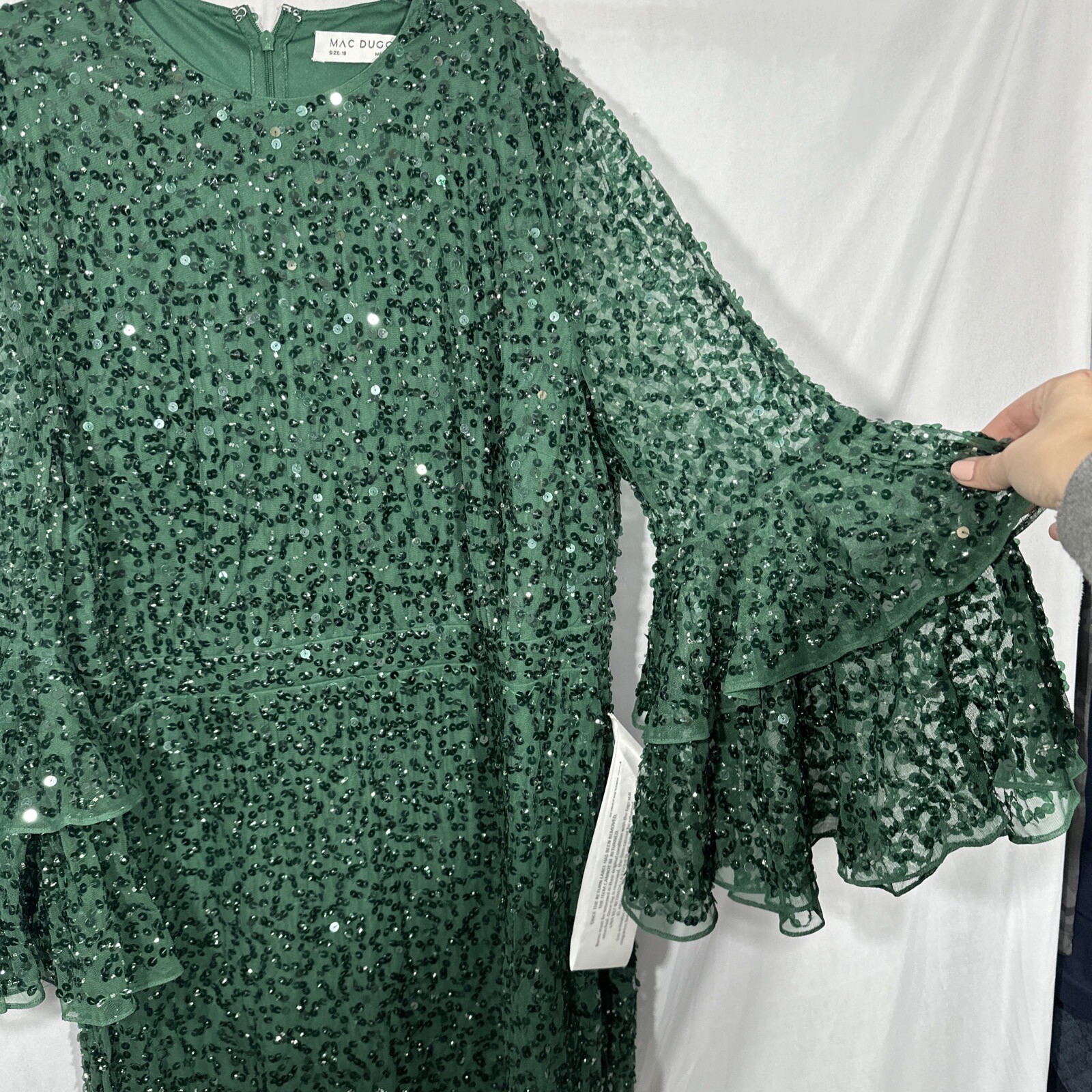 NWT $458 Mac Duggal [ 18 ] Sequined Ruffle Tiered Midi Dress Emerald #G1281