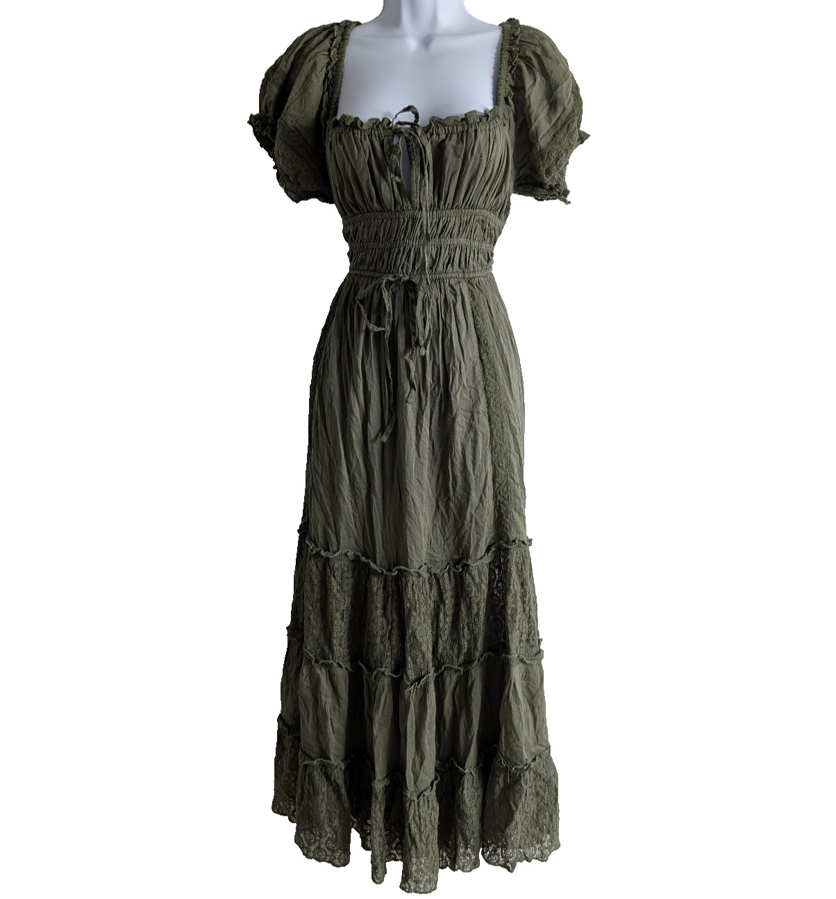 Free People Falling Sun Midi Dress Womens Medium Green Cottage Prairie Milkmaid