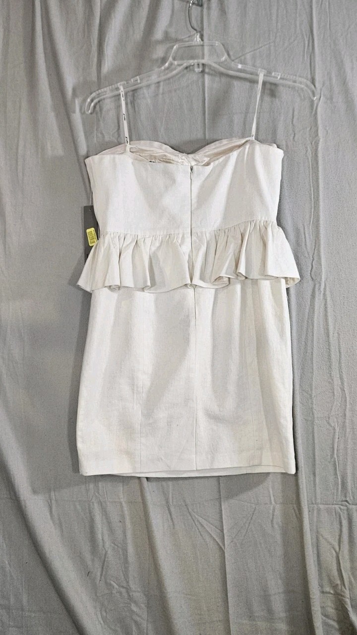 NWT! Aryn K Pep it Up Size Large Strapless Ivory Peplum Dress Linen Blend
