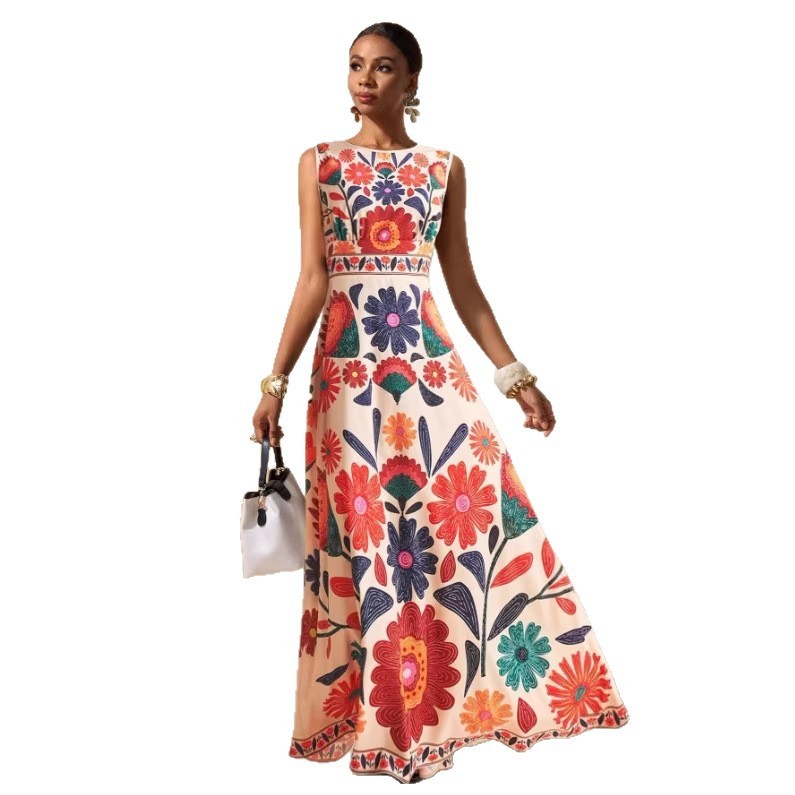Bohemian Tropical Rainforest Print Dress, High Waist, Flared, Multiple Sizes