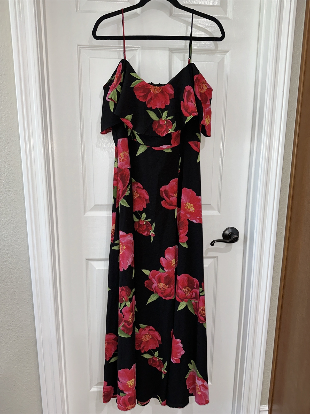 Rebecca B. SZ 16 Maxi Dress Cold Shoulder 1/2 Lined Slit Black Pink Multi Floral