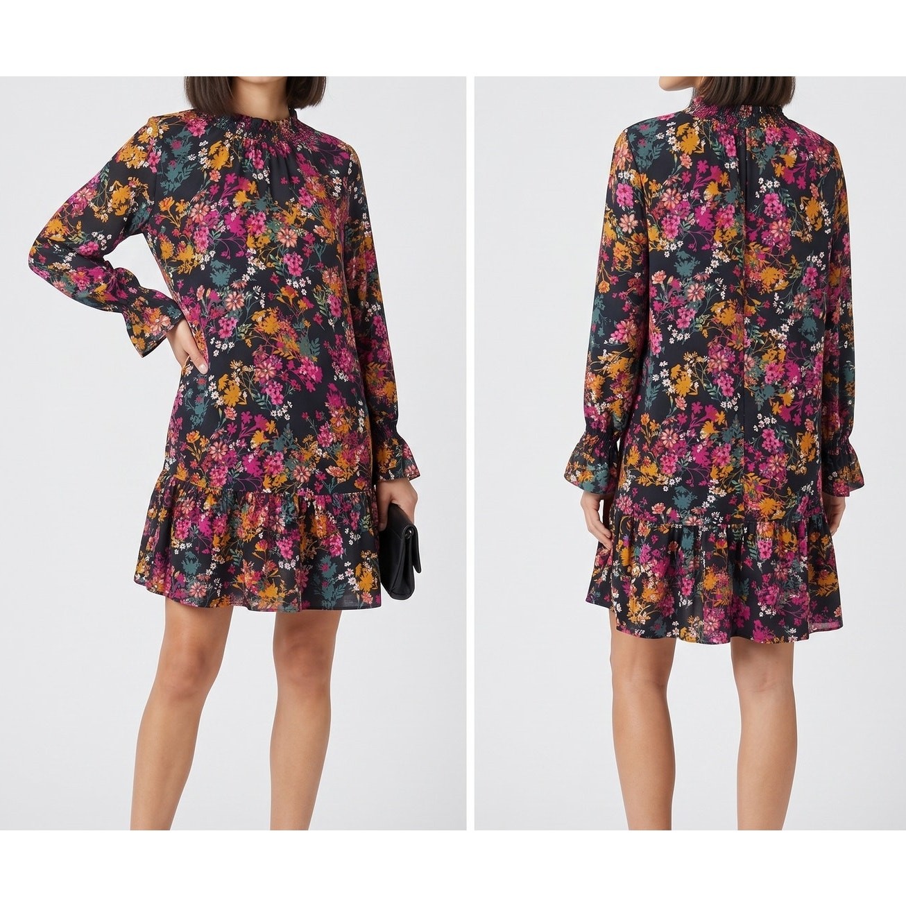 Ophelia Roe Large Floral Dress 100% Polyester Black Pink