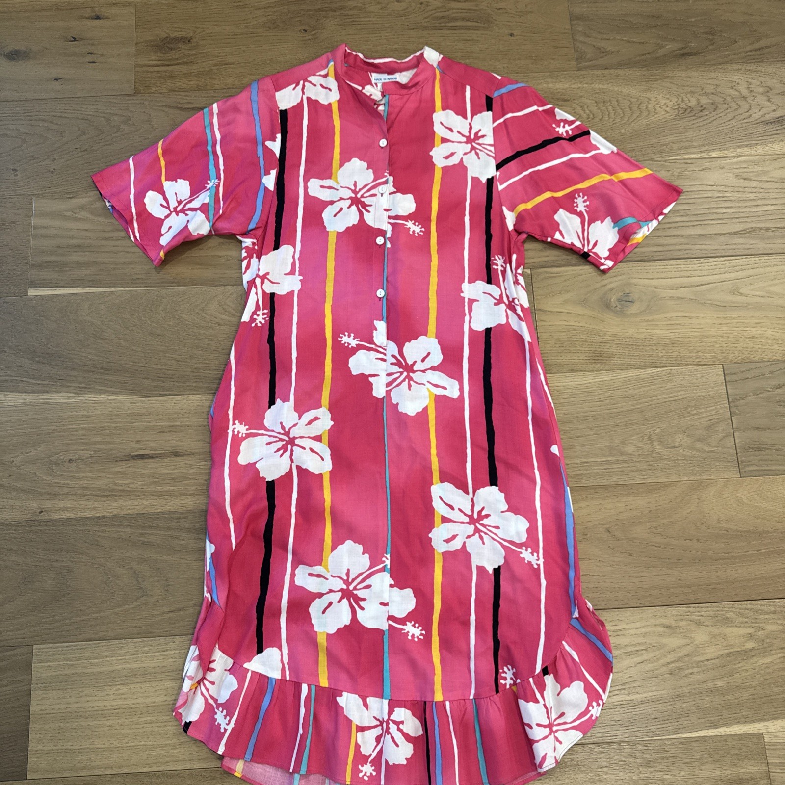 Vintage Hawaiian Dress Made in Hawaii Pink Floral Stripe Midi Rayon M Aloha