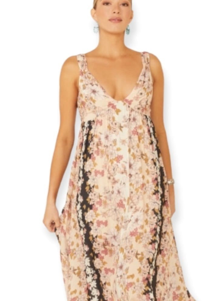Crimson Floral V-Neck Maxi Dress in Blush