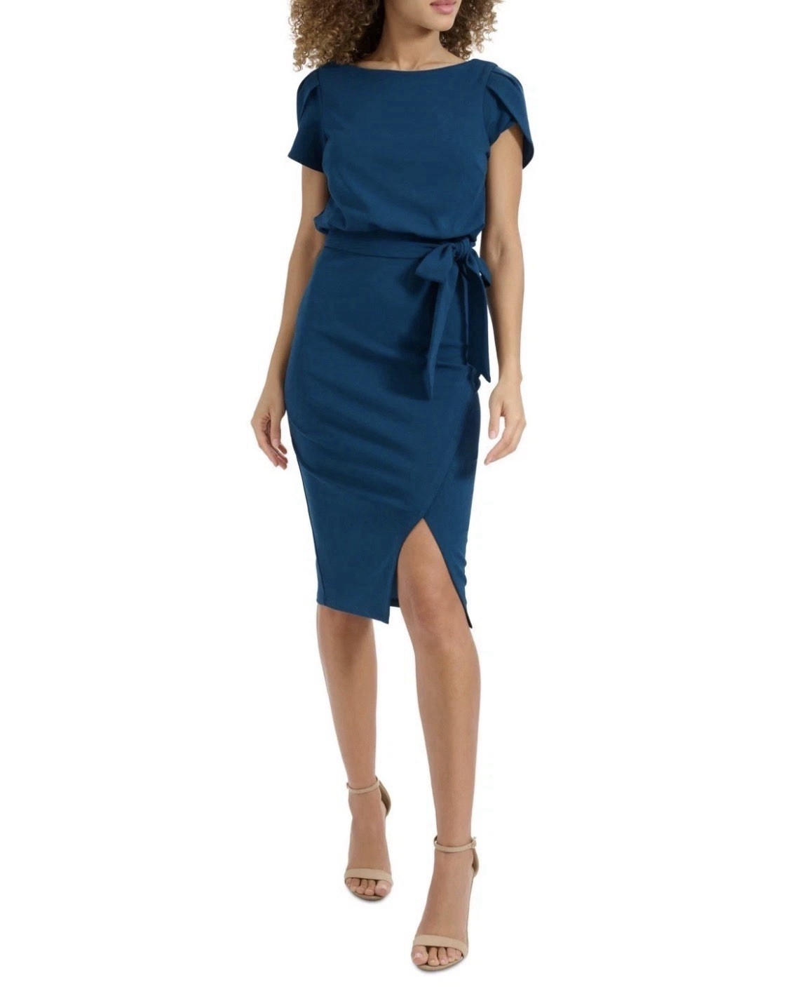 Kensie Women’s Tulip-Sleeve Tie-Waist Sheath Dress- Teal, Size-6