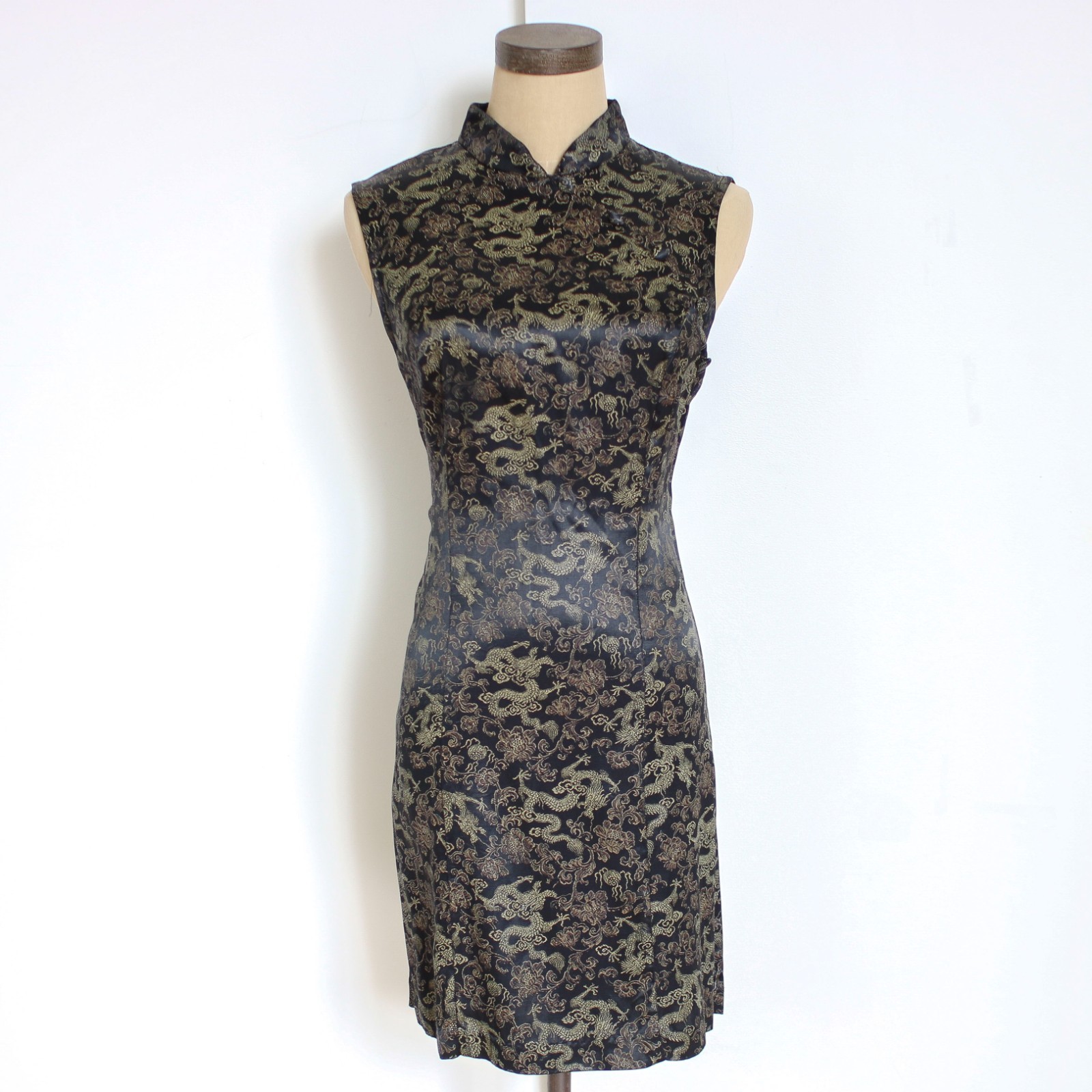 vintage 90’s y2k all that jazz black gold grunge dragon floral print asian dress