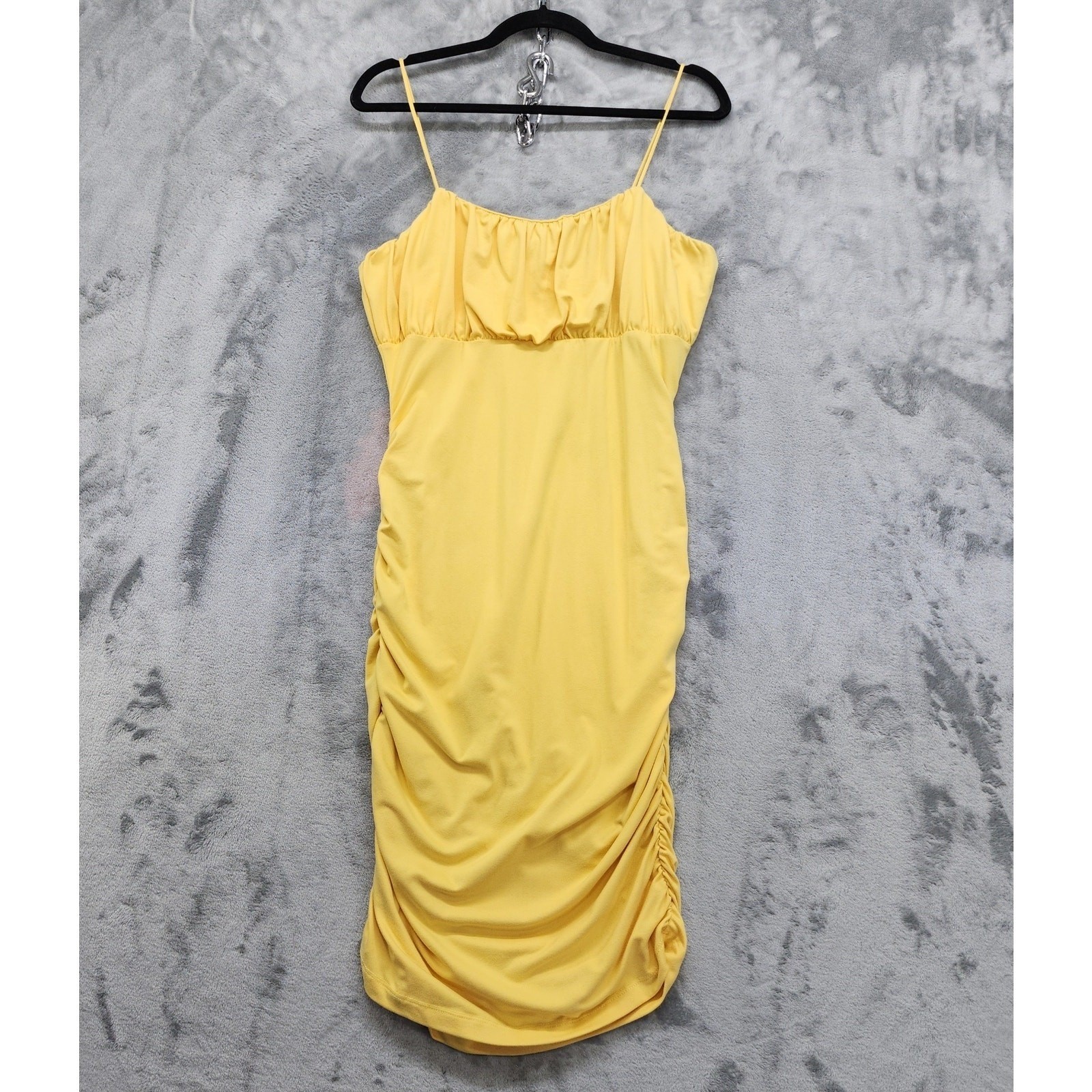 Rue 21 Dress Size L Yellow Spaghetti Straps Side Ruched Bodycon Midi Stretch