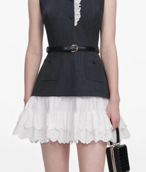 Self-Portrait Women’s Grey Patchwork white Lace Sleeveless Dresse+ Belt