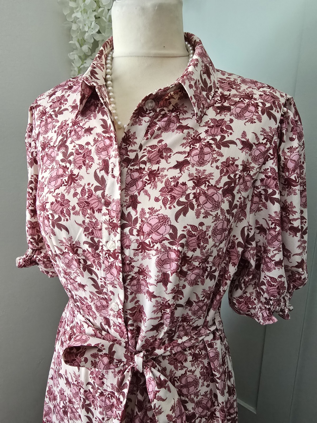 Vintage 1930s 1940s WW2 Style Maroon floral midi day dress Size 10 12