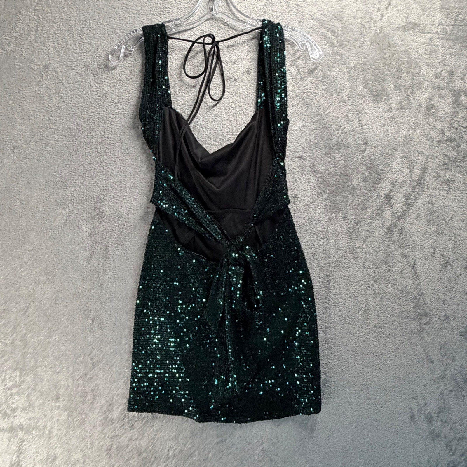 Lucy In The Sky Emerald Sequin Mini Dress XS Open Back Cowl Party Vegas Glam