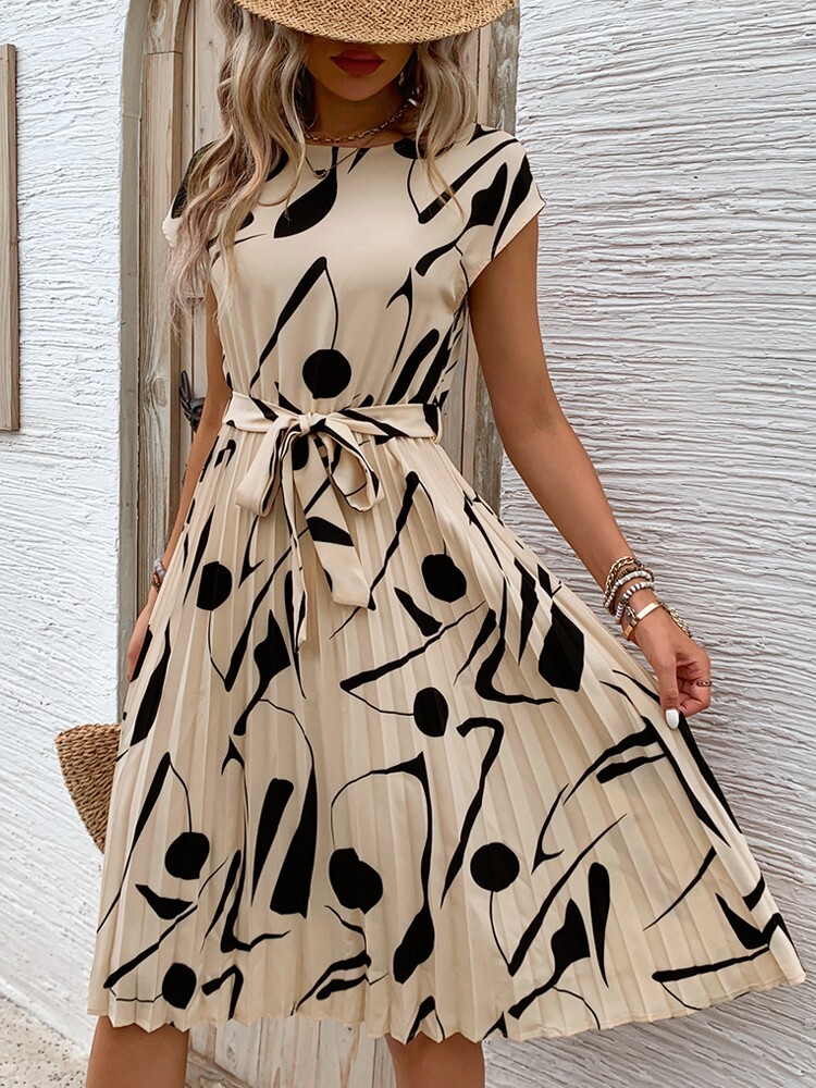 New Sleeveless Temperament Commuter Dress | Lace-Up Pleated Round Neck Skirt