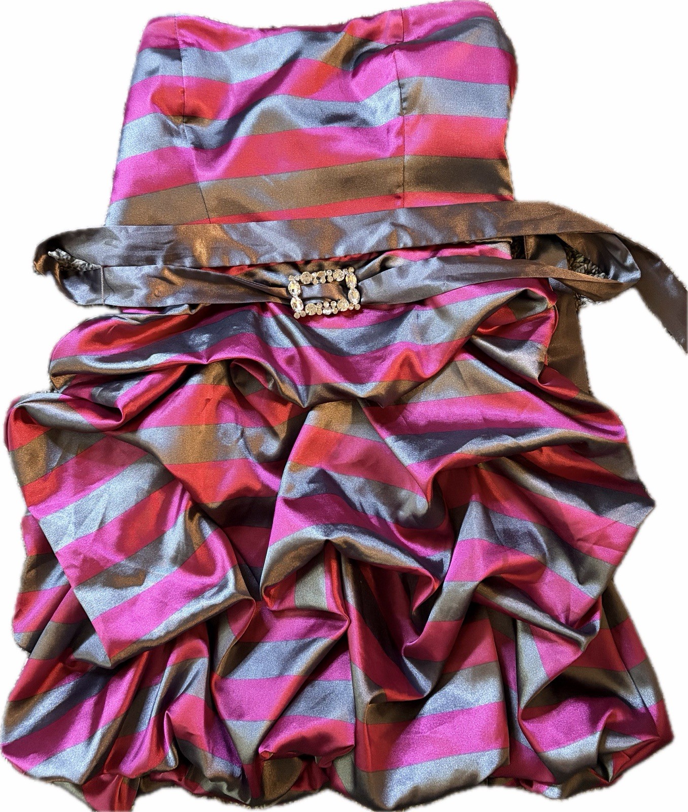 Trixxi Size 7 Strapless Striped Satin Ruffle Buckle Dress Pink Gray Y2K grunge