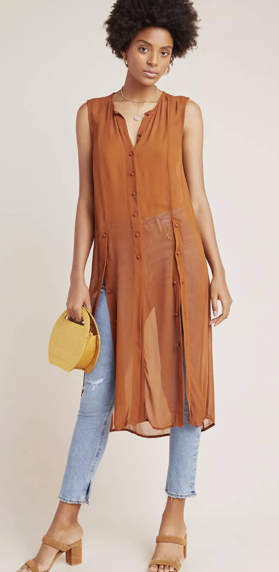 Maeve Meriwether Anthro Sheer Button Front Overlay Tunic Midi Dress Brown 2