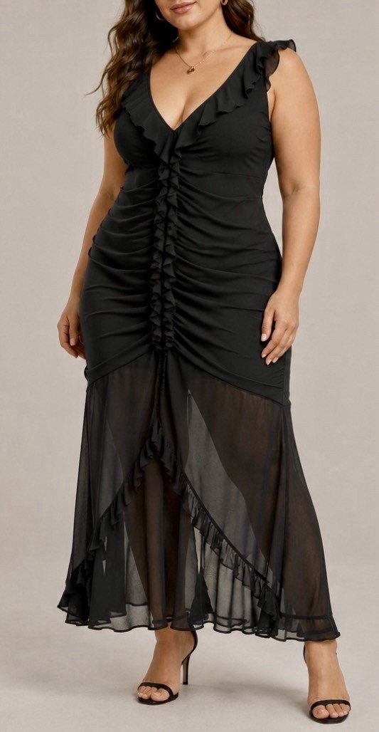 Black V-Neck Sleeveless Maxi Dress Women’s Solid Chiffon Ruffle Ruched Sheer