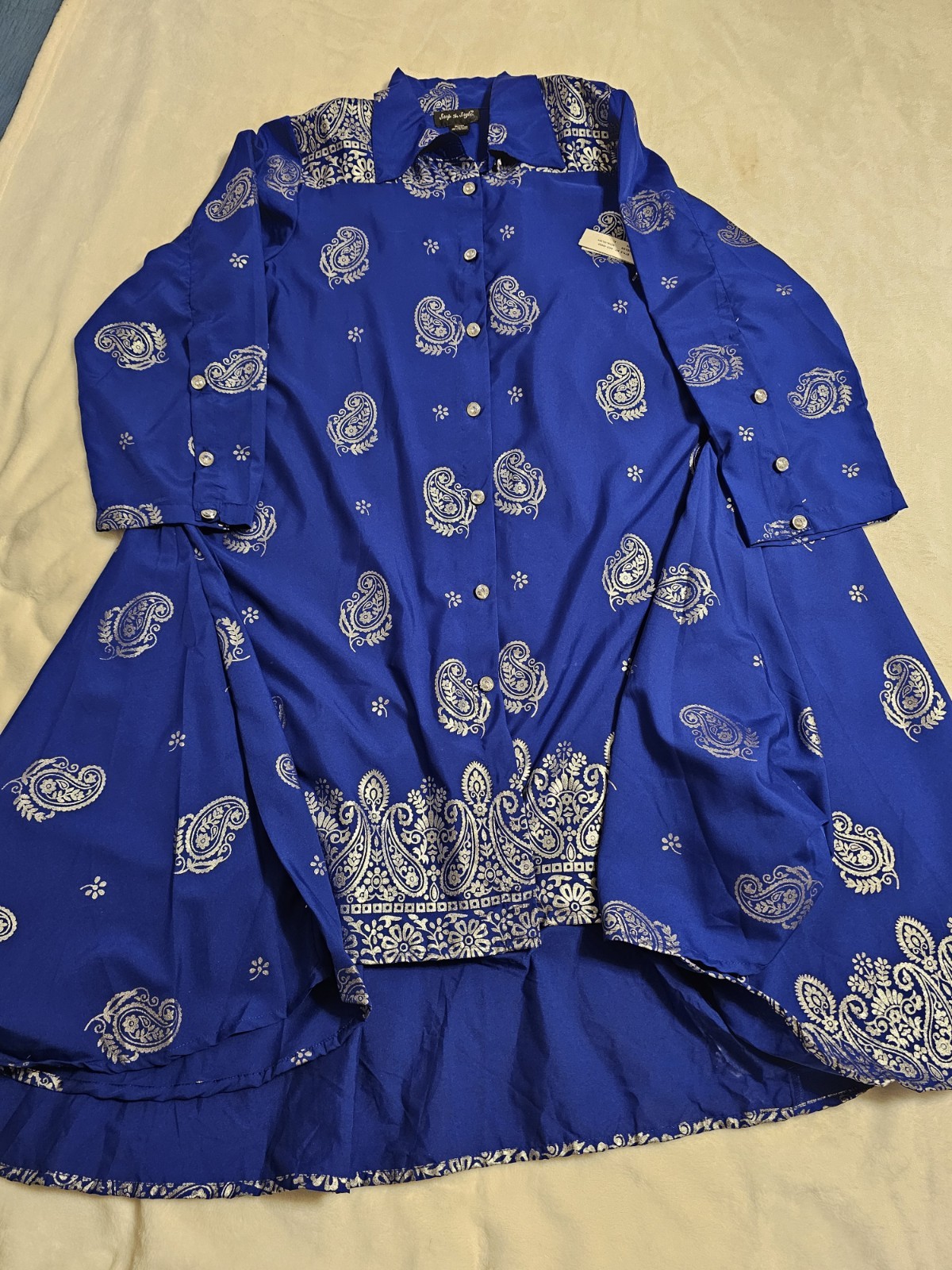 Step in Style Hi Low Swing Dress Royal Silver Rhinestone Bling Buttons Sz XL