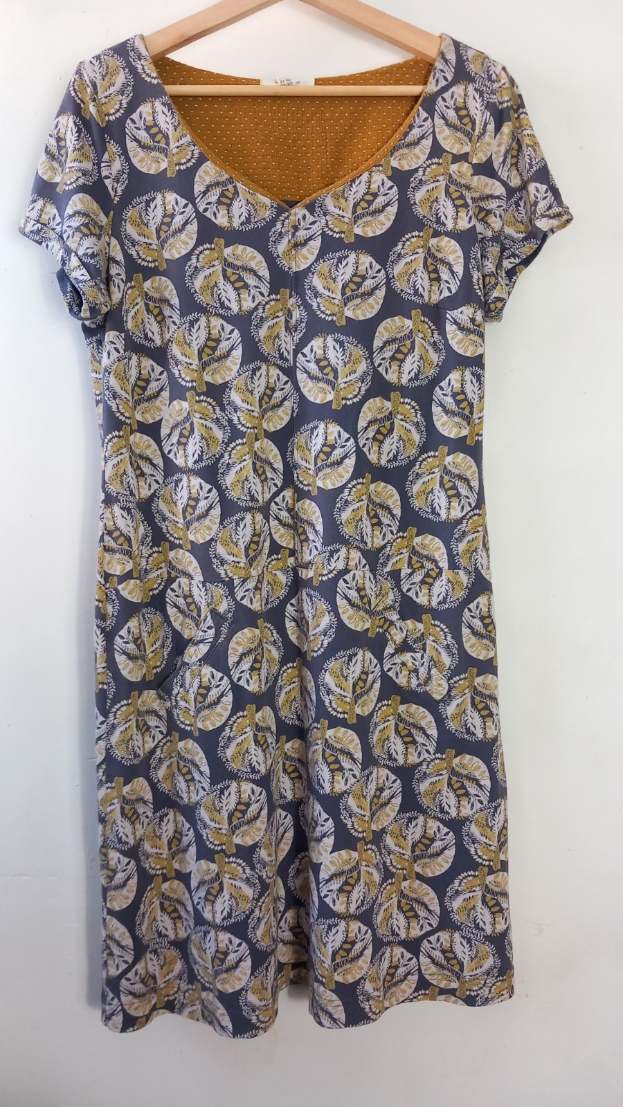 White Stuff grey cream mustard leaf pattern jersey tunic dress pockets sz 14