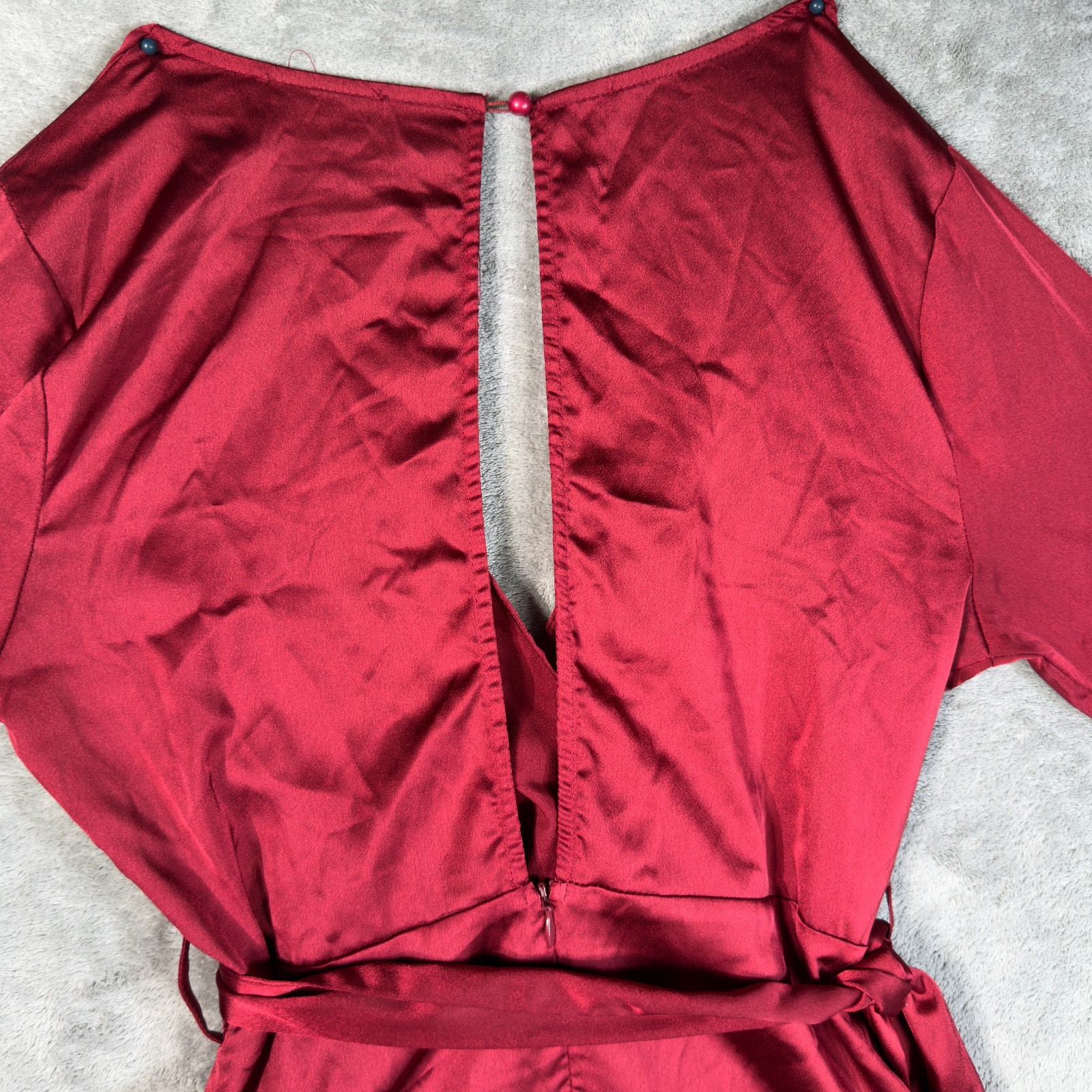 SHEIN Burgundy Wrap Style Mini Dress M Bell Sleeve Ruffle Hem Tie Waist
