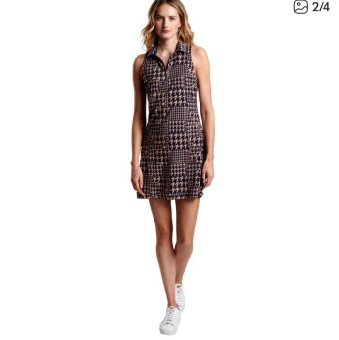 Peter Millar Women’s Carner Blue and Tan Houndstooth Sleeveless Golf Dress NEW!