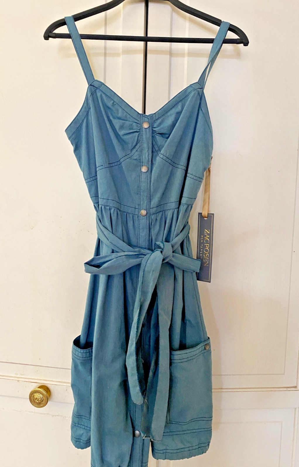 Zac Posen X Target Sleeveless V Neck Denim Chambray Dress Cargo Tie Waist Sz S