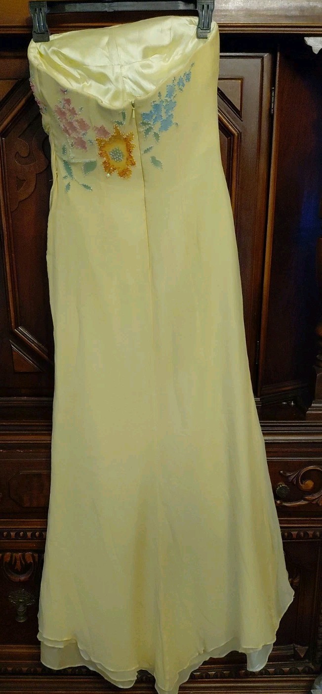 Vintage Cache Yellow Dress Maxi Beaded Floral Gown 2 S Silk Y2K Glam Evening