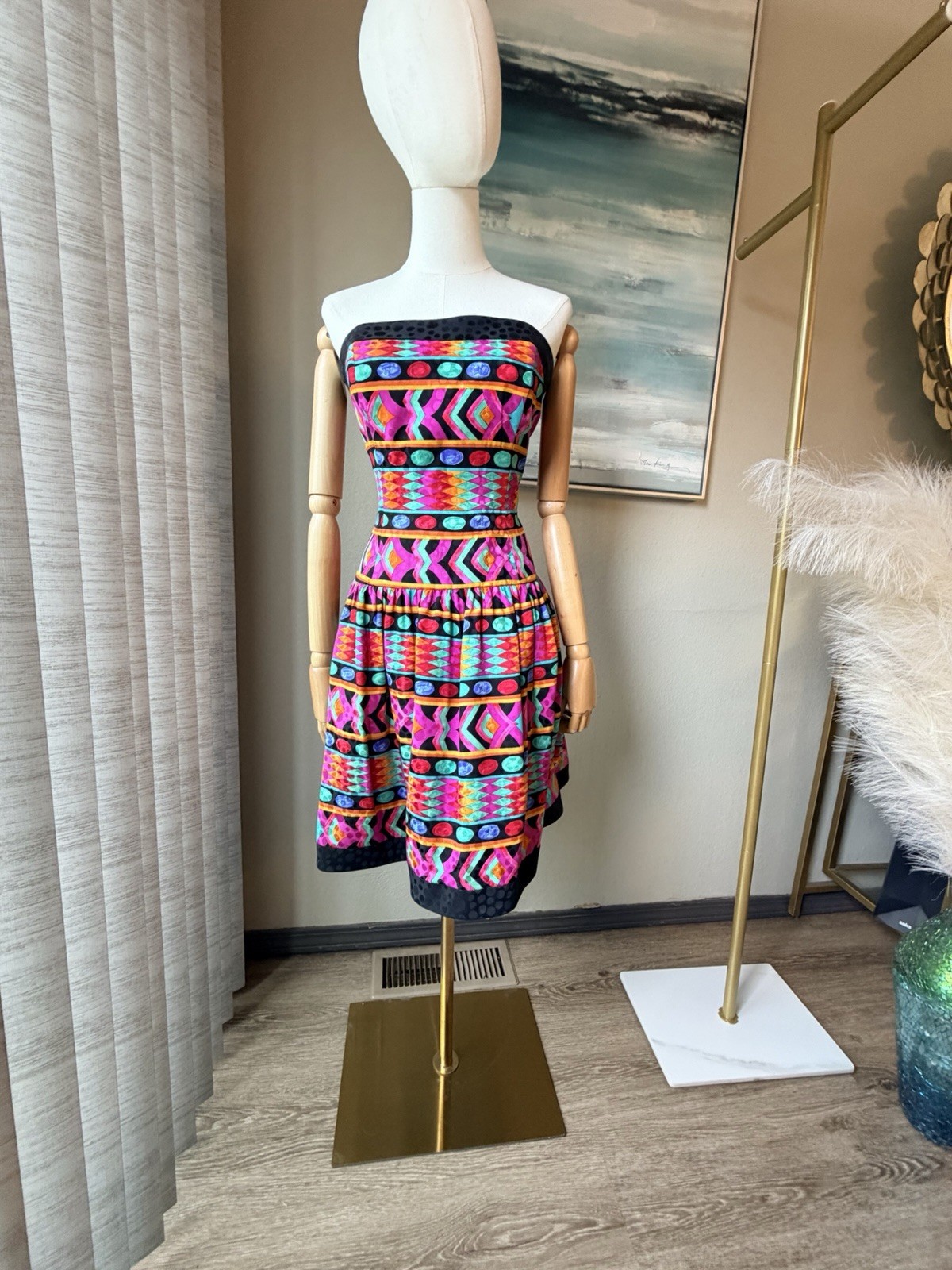 🌹 A.J. Bari Multicolor Silk Geometric Fit & Flare Strapless Knee Dress Size 12