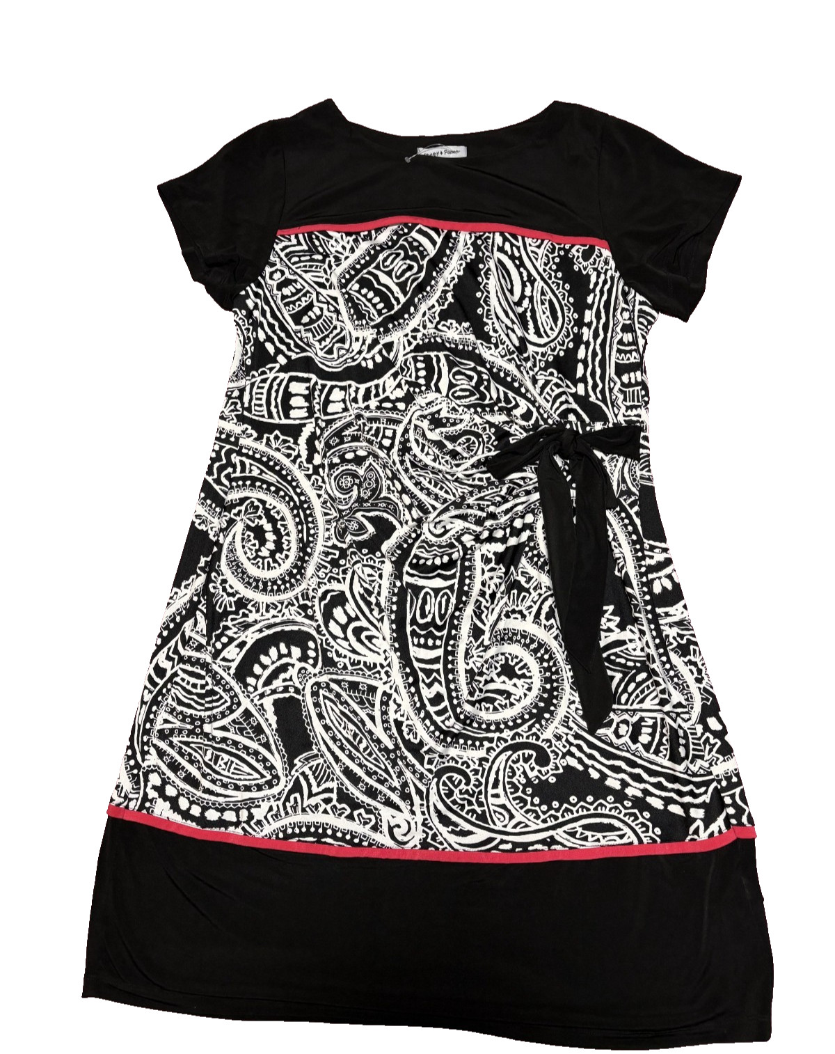 Shelby & Palmer Womens Black & White Paisley with Red Trim Sleeve Dress XL / 1X