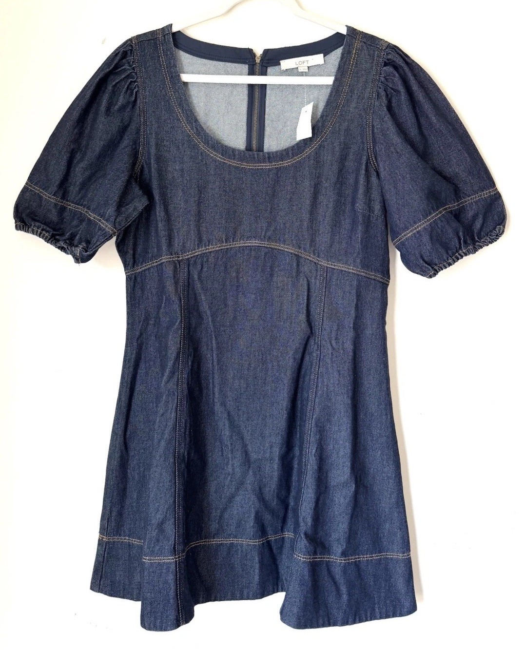 LOFT Denim Swing Mini Dress Sz 14 Puff Short Sleeves Dark Wash Fit N Flare NWT
