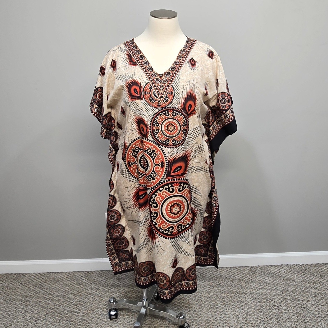 Step In Style Caftan Dress OS Boho Peacock Feather Kaftan Patio Lounge Resort