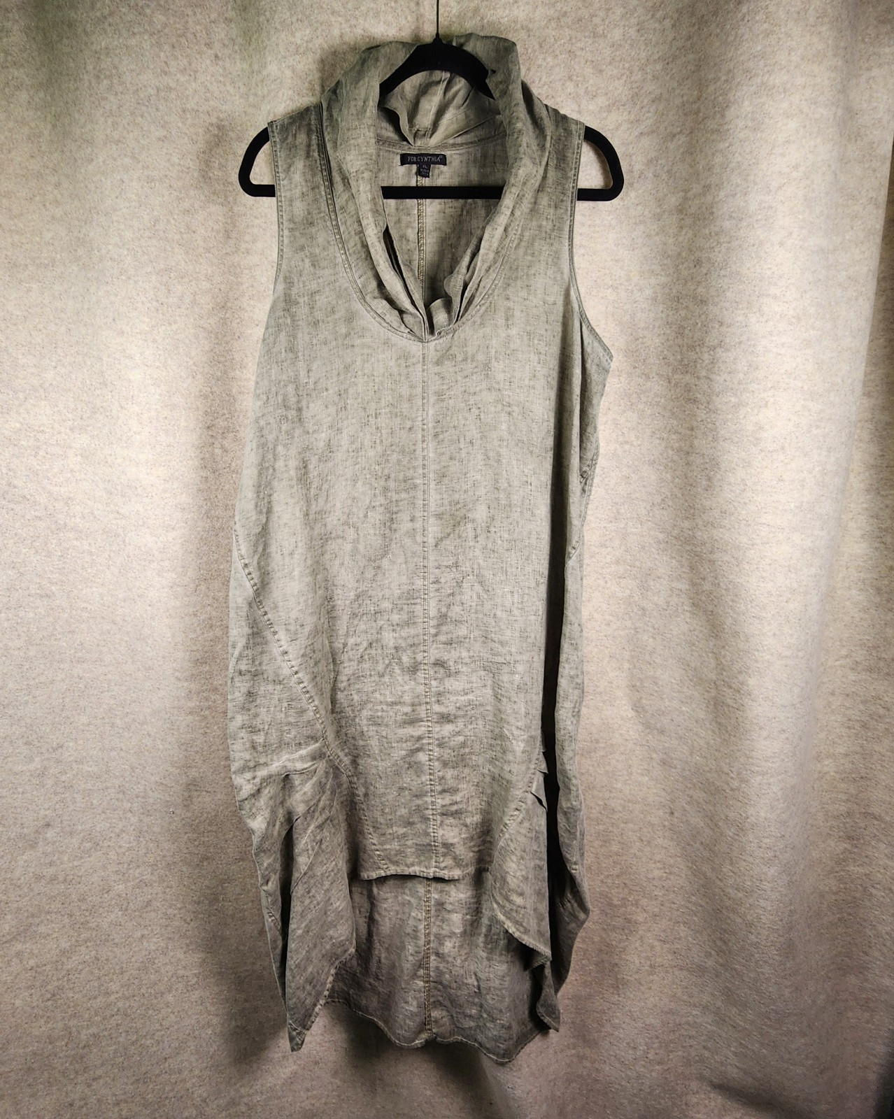 For Cynthia Cowl Neck Green Midi Dress Hi Low Linen Blend Lagenlook XL Ruching