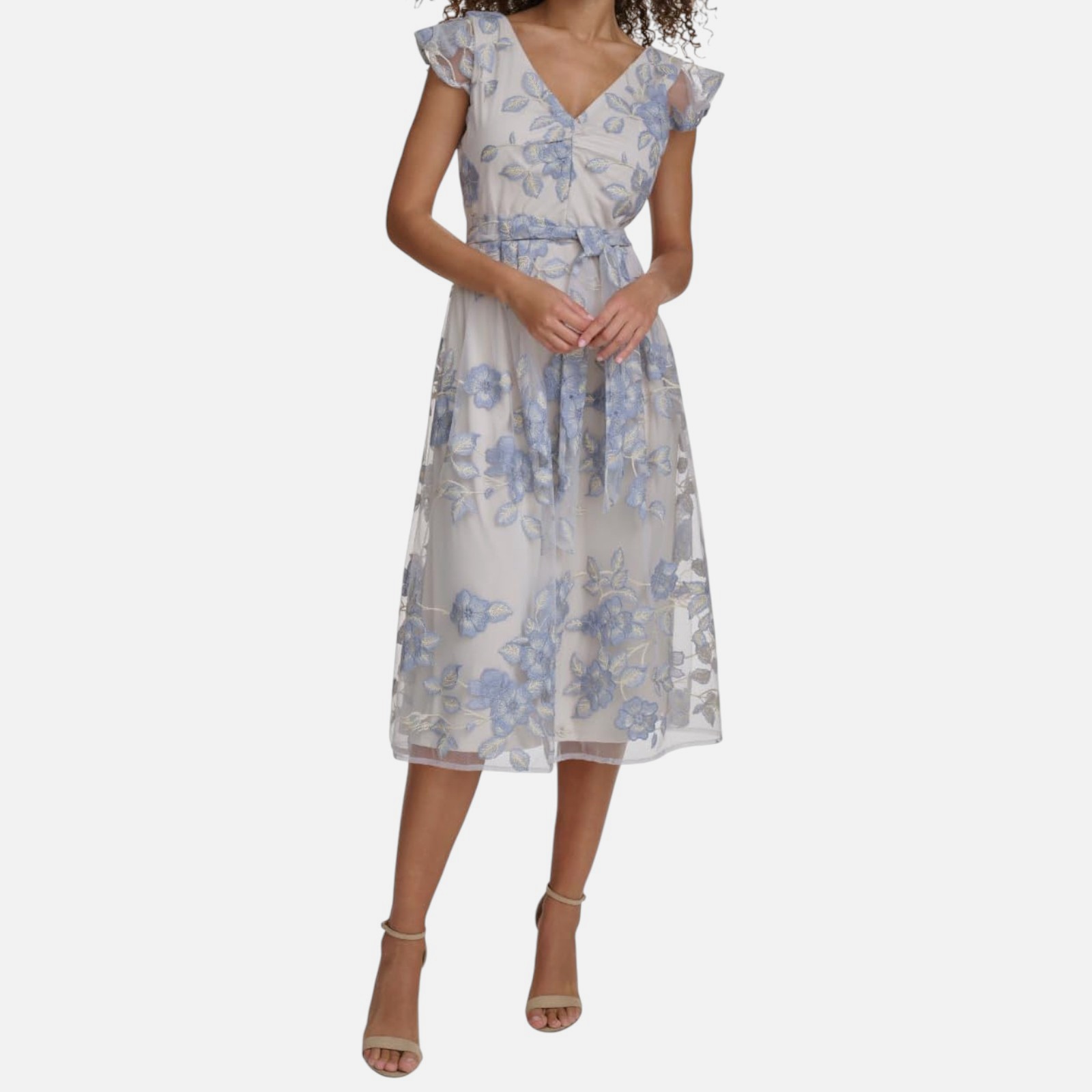Kensie Women’s Beige Floral Embroidered Mesh Self-Tie Midaxi Dress Size 6