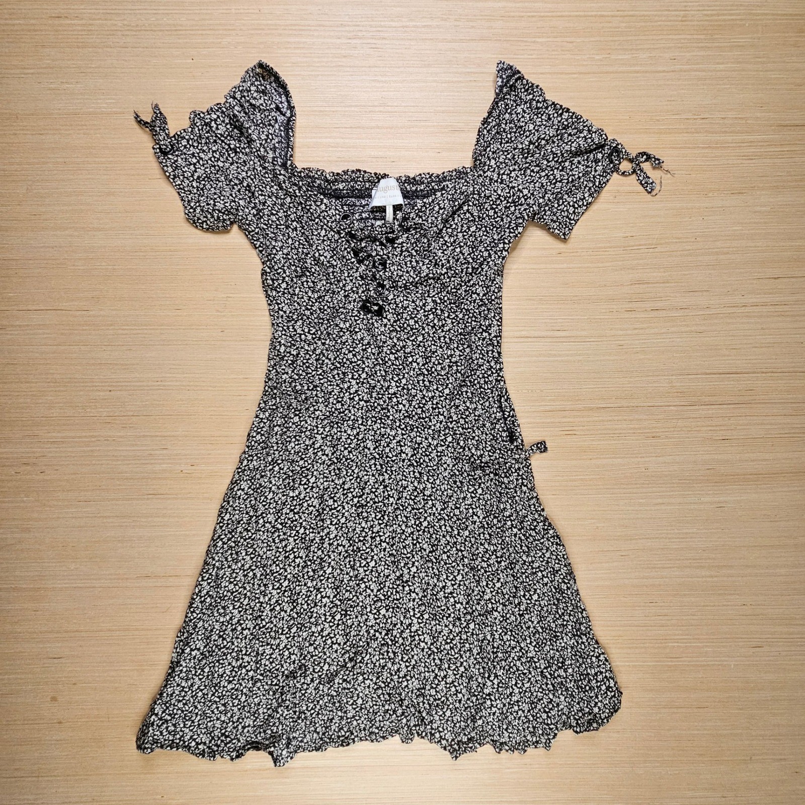 Cottagecore Auguste Mini Dress Women 2 Black Floral Lace Up Short Sleeve Boho
