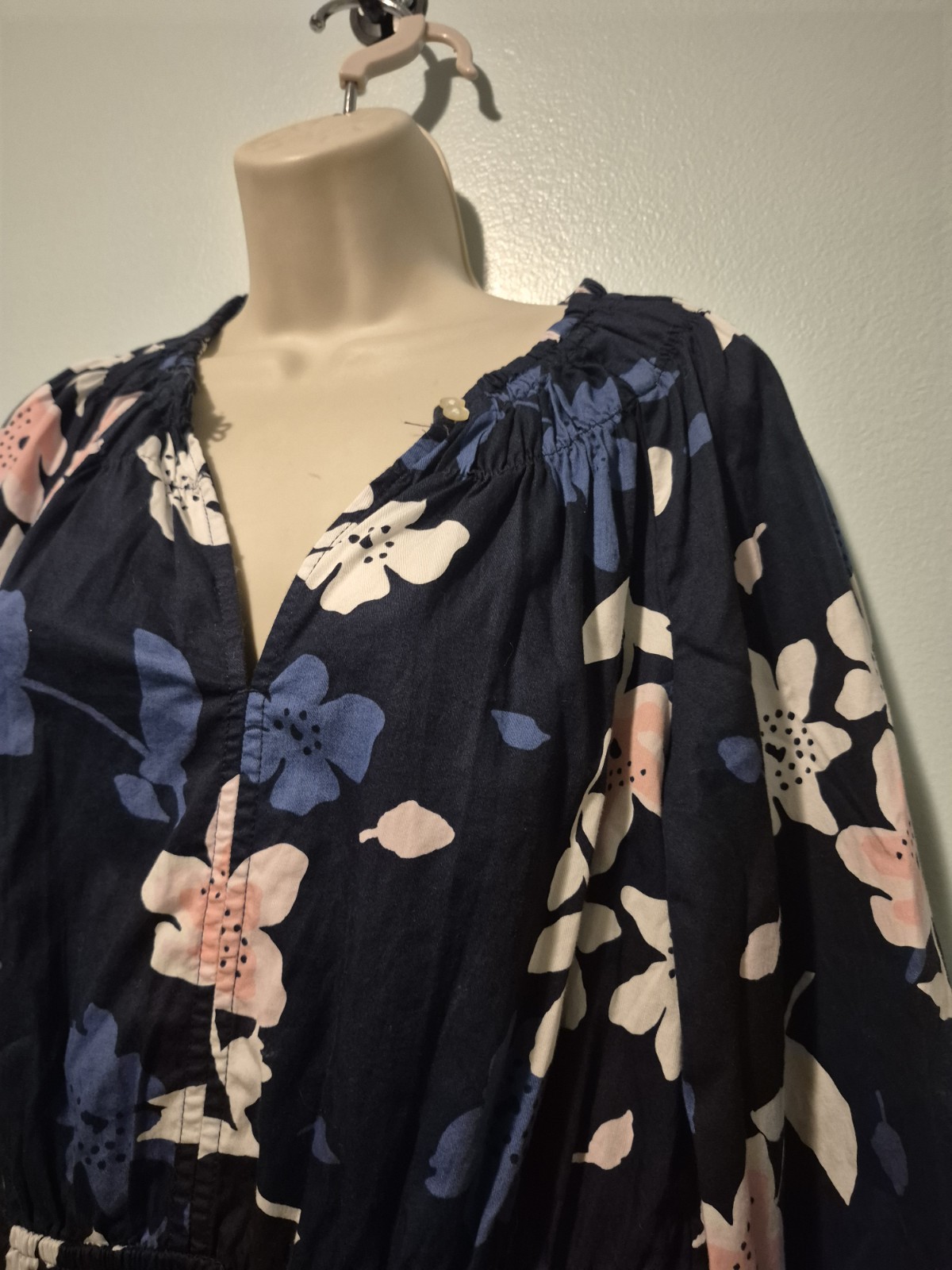 Free Assembly Blue Floral Gathered Waist Dress Long Sleeve Dress Women Sz M