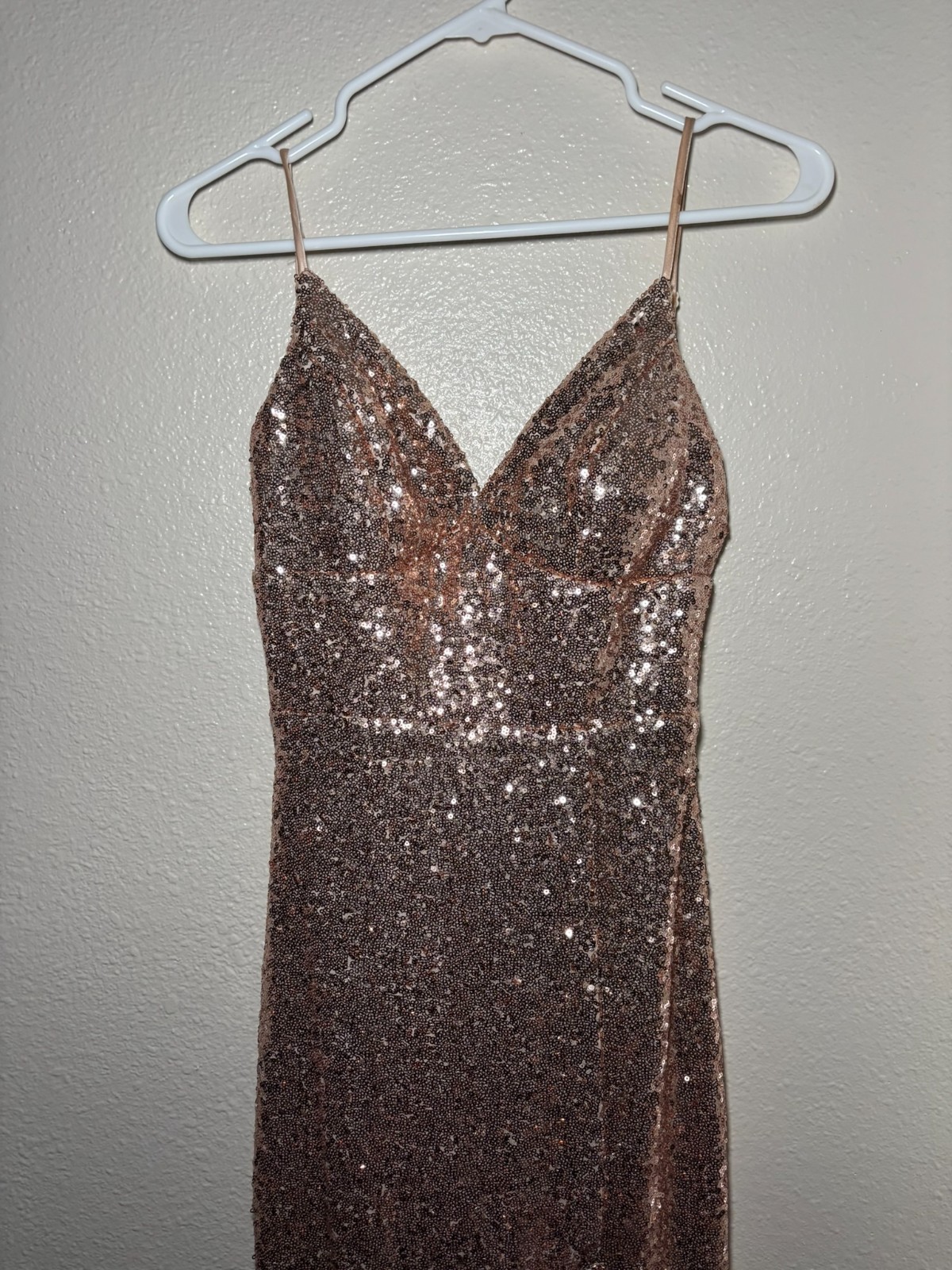 B Darlin Copper Sequin Spaghetti Strap Formal Gown Slit 5/6 Prom *Sm Flaw.