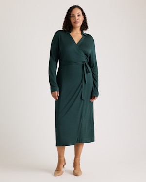Quince 100% Silk Jersey Midi Wrap Dress Evergreen Basic Sleeved L