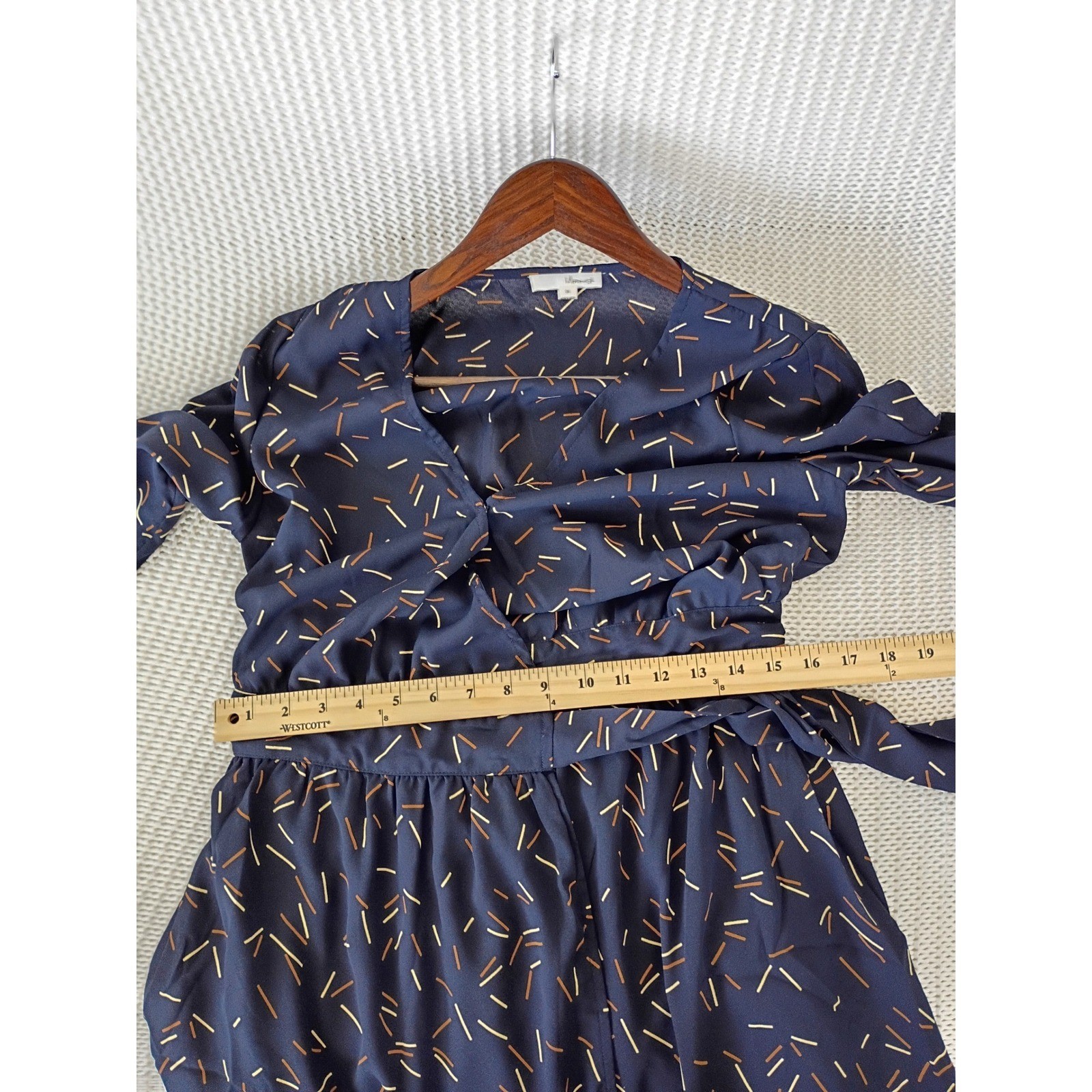 Memuse Whimsical Navy Blue Abstract Print Wrap Mini Dress Short Sleeve S/M NWOT