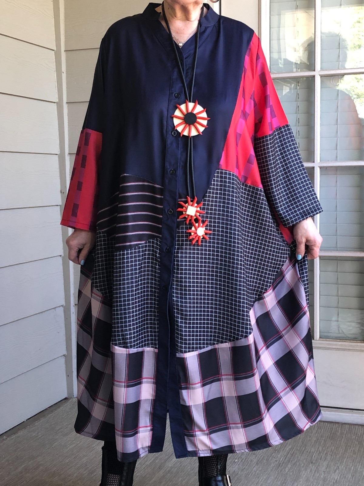 LAGENLOOK ARTSY BOHO BUBBLE PATCHWORK ASYMMETRIC PLAID DRESS DUSTER ONE SIZE