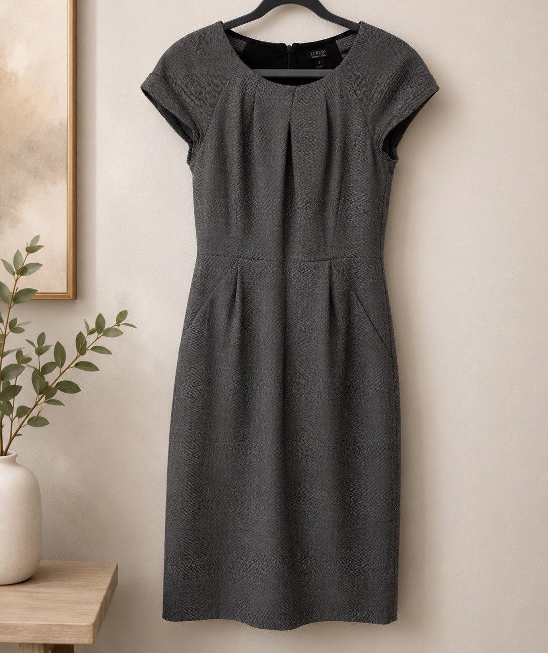 J.Crew Super 120’s Gray Sheath Dress Size 2 Career Office Wool Blend Cap Sleeve
