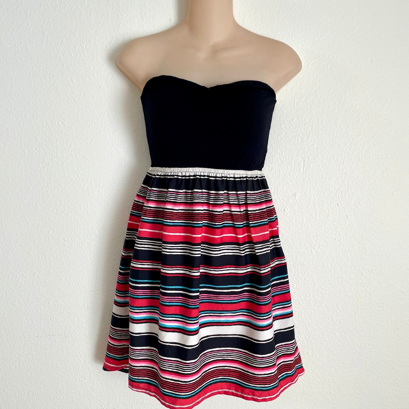 Roxy Strapless Striped Mini Sun Dress Black Pink Multi Festival Y2K Boho Wmns M