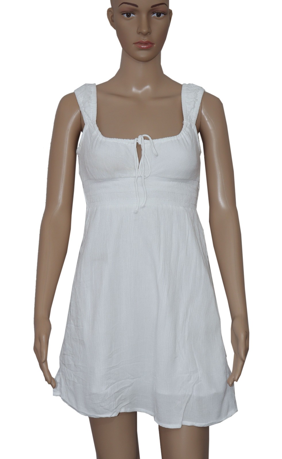 Pimkie Empire Neckline Sleeveless Smocked Tie Knot Ruched White Mini Dress XS