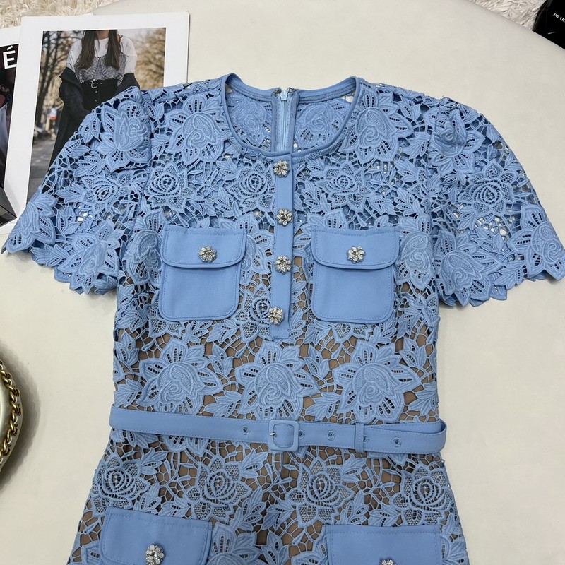 Self-Portrait Ladies Blue Lace Peplum Mini Short Sleeve Dress