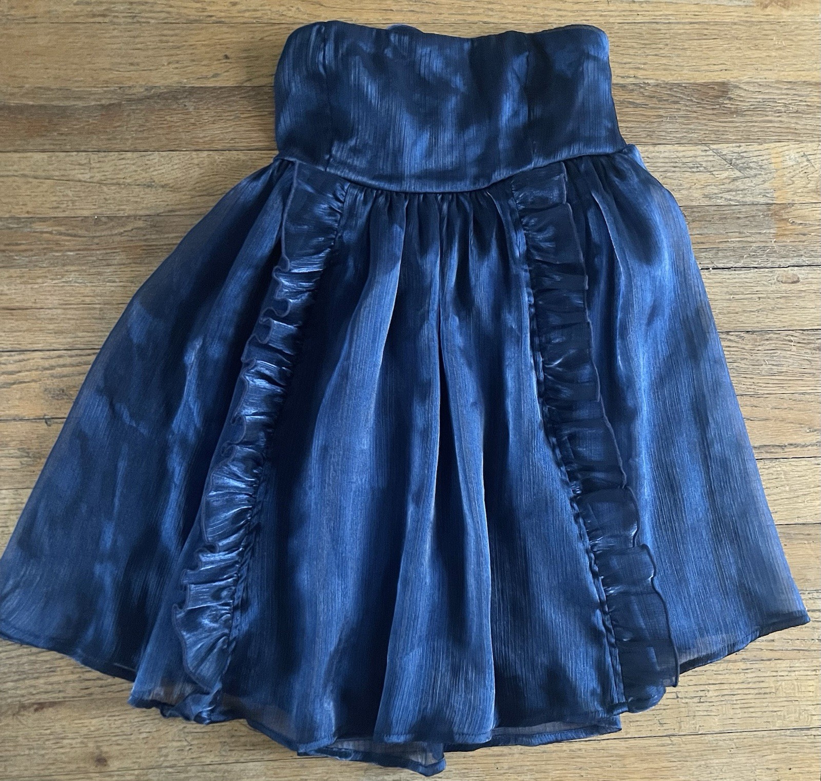 Lucy In The Sky Navy Blue Dress Strapless Mini Ruffle Babydoll Bow Tie Back M