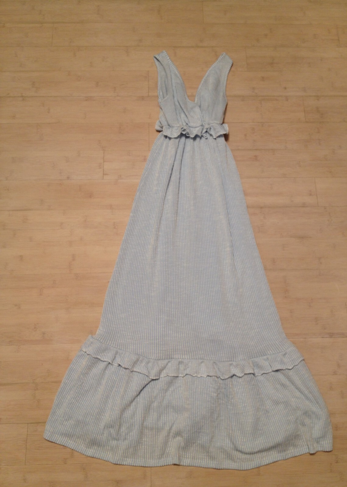 Caution To The Wind Blue White Thin Striped Ruffle Tiered Maxi Dress Sz XS