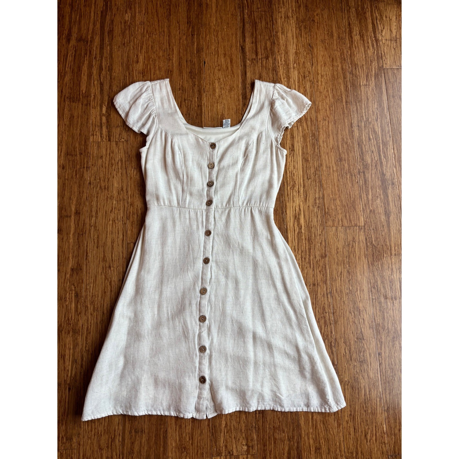 Sincerely Jules Women Cream Linen Blend Button Front Flutter Sleeve Mini Dress S