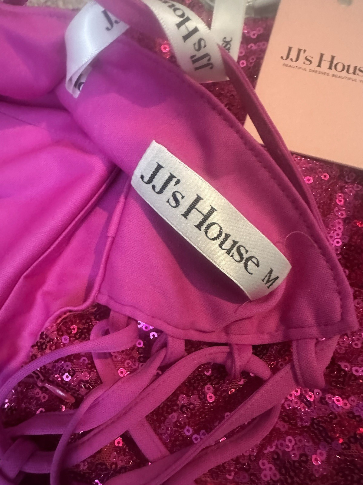 JJ’s House Pink Sequin Sheath Long Spaghetti Strap Lace Up Dress NWT Size W
