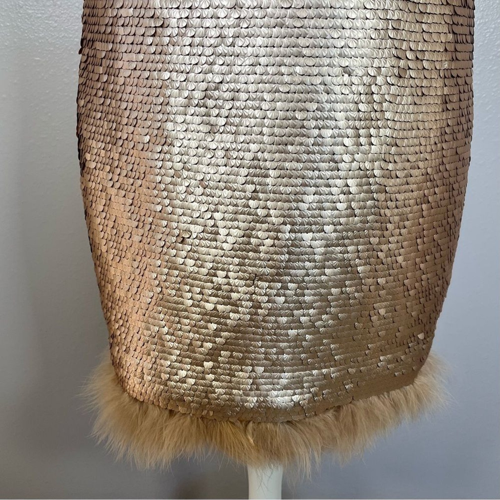 NWT CeCe gold sparkly Sequin Feather Trim sheath Dress 6 Party Glam night out