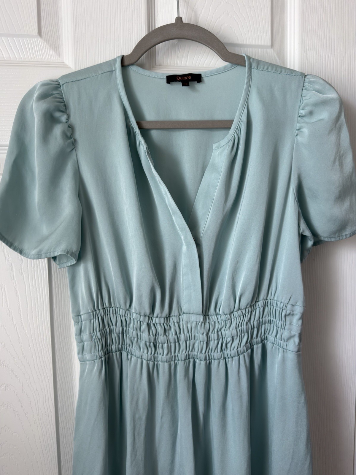 Quince Washable Stretch Silk Tiered Maxi Dress Aqua Pearl XS Puff Sleeve