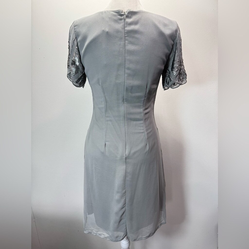 Cocktail Party Dress Silver Beaded Sequined Short Sleeve V Neck By Lace & Beads