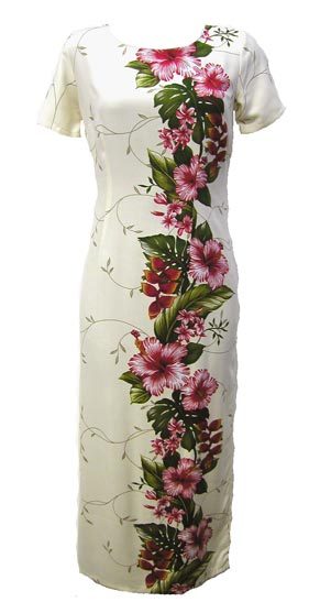 Hawaiian Long Rayon Red Hibiscus Flower Sleeve Tank Cream Dress-S,M,L,XL,2XL,3XL