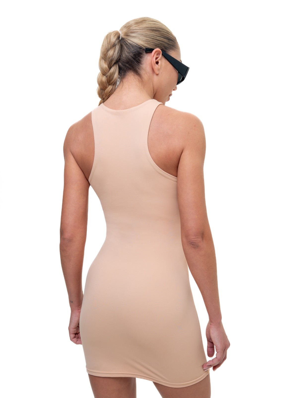 ALMZV Women’s Beige Bodycon Mini Dress Sleeveless High Neck Stretch Slim Fit